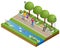 Isometric eople relaxing and walking in the park near the lake. Active and healthy relaxation.