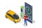 Isometric EV charger station application on mobile. Car charger. Electromobile charging station.