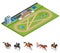 Isometric Exterior Racecourse and set Jockey on horse, Champion, Horse riding for Sport background. Stallion race track