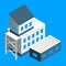 Isometric factory building vector illustration. Manufacture building with several housing