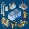 Isometric factory with robotic machinery, workers, smokestack vector flowchart illustration