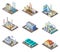 Isometric factory set. 3d industrial buildings, power plant and warehouse. Isolated vector collection