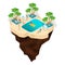 Isometric fairy island, cartoon, girls bathe in the pool, girls in swimsuit rest, palms, summer sun. Holidays in warm countries
