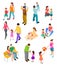 Isometric family. Children parents in different home and outdoor activity. 3d people families vector set