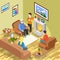 Isometric family home fireplace coffee time relax