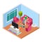 Isometric family time. Vector parents and kids watching TV and playing. Happy parenthood illustration