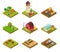 Isometric farm. Farmer tractor lorry and harvester. Livestock and agricultural green plants. 3d farmland vector set