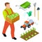 Isometric farmer and gardening equipment vector objects