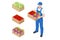 Isometric farmer holding a box with apples and grapes. Farmer with freshly harvested apples in wooden box. Agriculture