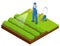 Isometric farmer watering a vegetable garden. Gardener with watering hose and sprayer water on the vegetable