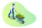 Isometric farmer with a wheelbarrow with seedling. Organic farm products. Male working on harvesting season.