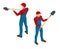 Isometric Farmer in working clothes with a shovel in hand. Construction worker with a shovel. Worker digging with a