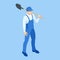 Isometric Farmer in working clothes with a shovel in hand. Construction worker with a shovel. Worker digging with a