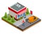 Isometric fast food restaurant or shop buildings, store facades and delivery man