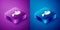 Isometric Fencing helmet mask icon isolated on blue and purple background. Traditional sport defense. Square button