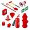 Isometric Fire safety and protection. Flat icons extinguisher, hose, flame, hydrant, protective helmet, alarm, axe