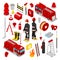 Isometric Firefighter. Fireman with Tank Truck and Equipment