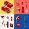 Isometric Fireman Equipment with Tank Truck and Hydrant