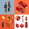 Isometric Fireman. Firefighter with Tank Truck and Equipment