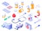 Isometric first aid kit. Health care medical pills, pharmacy medicines and drug bottles. Hospital ambulance 3d isolated