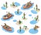 Isometric fishermen catching fish, boat and fishing equipment. River or pond fishing isolated 3d vector illustration set