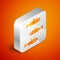 Isometric Fishes icon isolated on orange background. Silver square button. Vector