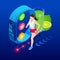 Isometric fitness bracelet or tracker with a smartphone, an athlete running outdoors. Jogging and running infographics