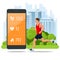 Isometric fitness bracelet or tracker with a smartphone, an athlete running outdoors. Jogging and running infographics