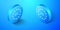 Isometric Flag of European Union icon isolated on blue background. EU circle symbol. Waving EU flag. Blue circle button