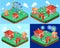 Isometric flat 3D city banners with carousels. amusement park