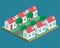 Isometric flat 3D cityscape. District with small single-storey houses