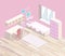 Isometric flat 3D cutaway interior Girls all pink bedroom interior.