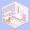 Isometric flat 3D cutaway interior Girls all pink bedroom interior.