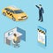 Isometric flat 3D isolated concept vector taxi transport, service.