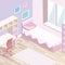 Isometric flat 3D isolated interior Girls all pink bedroom interior.