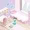 Isometric flat 3D isolated interior Girls all pink bedroom interior.