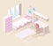 Isometric flat 3D isolated interior Girls all pink bedroom interior.