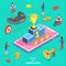 Isometric flat vector concept of interactive content for audience engaging.