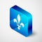 Isometric Fleur De Lys icon isolated on grey background. Blue square button. Vector