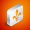 Isometric Fleur De Lys icon isolated on orange background. Silver square button. Vector