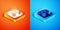 Isometric Flour pack icon isolated on orange and blue background. Vector