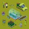 Isometric flower farm vector concept. Floristic 3D illustration