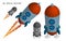 Isometric flying space rocket. Flights to Mars, Moon and planets of solar system. Technologies for space exploration. Realistic 3D