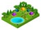 Isometric forest glade for camping, young people on vacation, bbq, shish kebab, fire, lake, Scandinavian walk, fishing