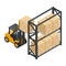 Isometric forklift lifting load of boxes stacked on a pallet to an industrial storage rack. Safety in handling a fork lift truck.