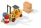 Isometric forklift truck with barrel on wooden pallet.