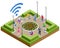 Isometric Free wi-fi signboard in park or campus, wifi zone. Wireless internet sign on the street. Women and men with