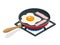 Isometric fried eggs with bacon in a frying pan. Breakfast isolated on white background.