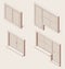 Isometric full color outline linear set of closed double-glazed windows with windowsill and doors. 3d illustration for building