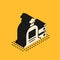 Isometric Full sack and wooden box icon isolated on yellow background. Vector